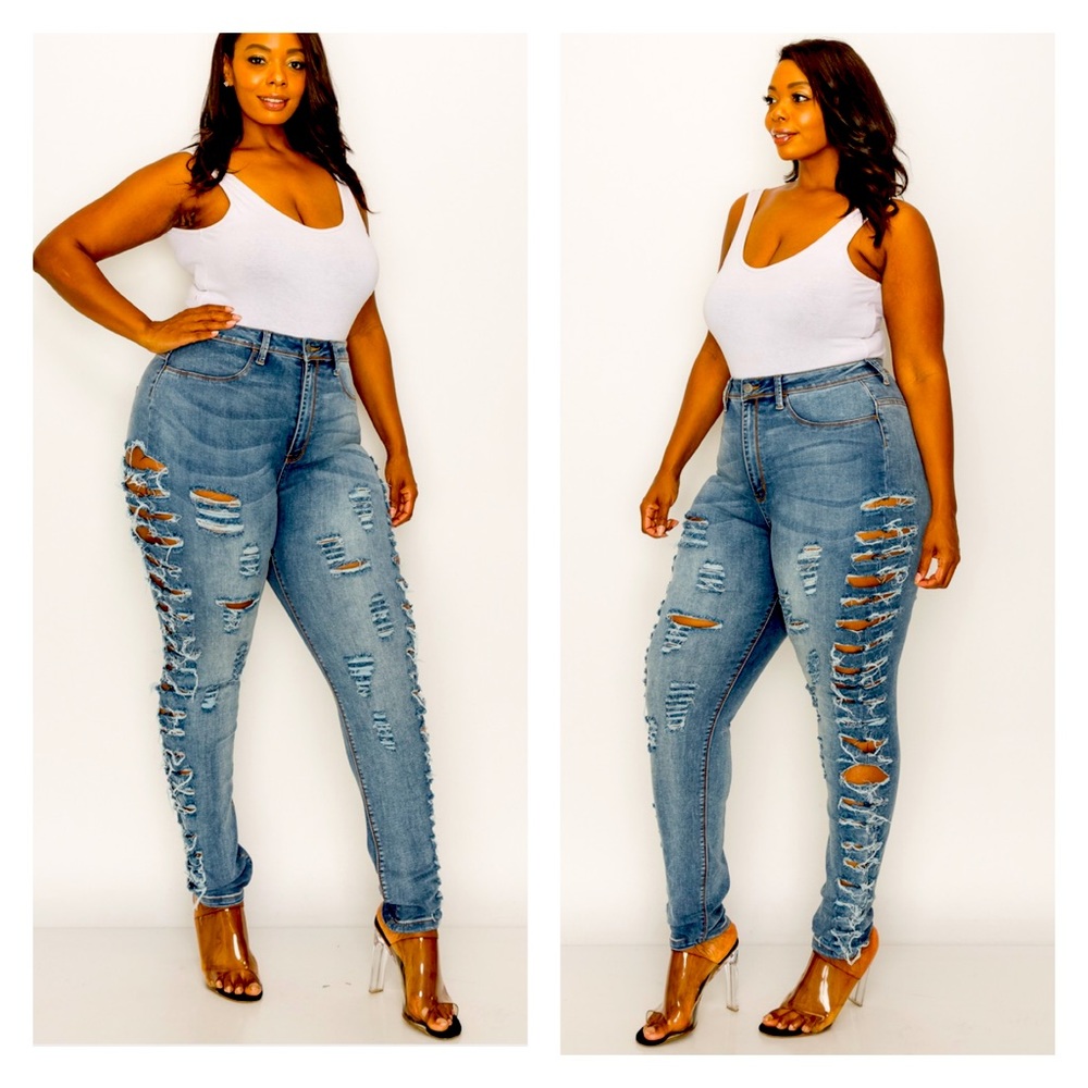 ➕ Destroyed Side Detail Skinny Jeans